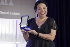 Rebecca Aguilar with her Hall of Fame induction medal at the 2022 NAHJ Hall of Fame Gala in Las Vegas, Nev., on Saturday, August 5, 2022.