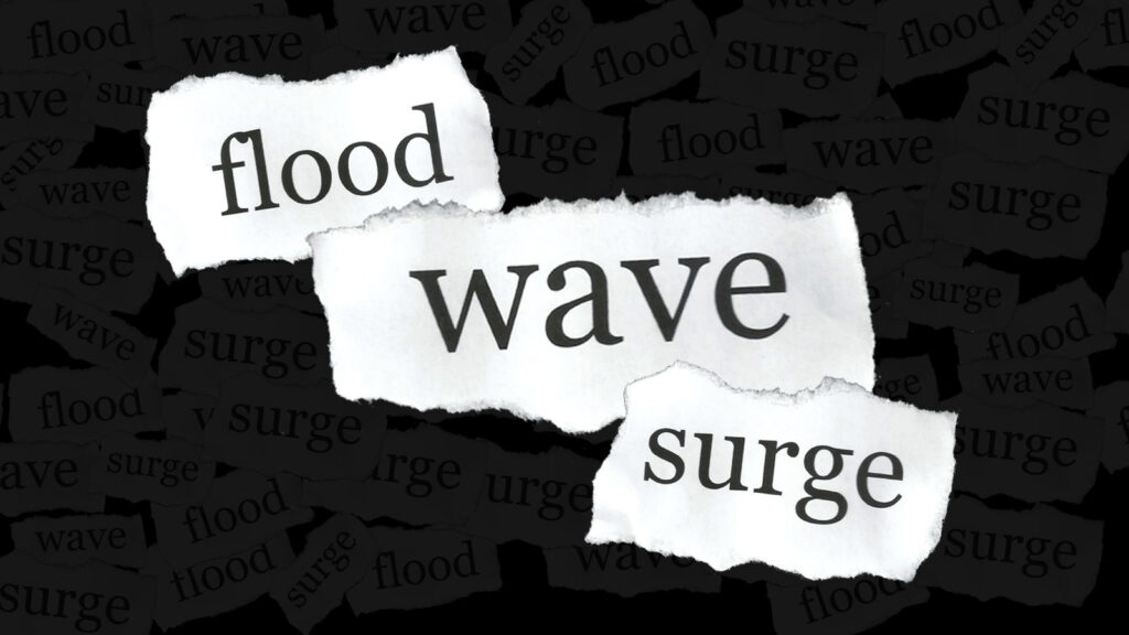 A photo illustration using the words "flood," "wave," and "surge."